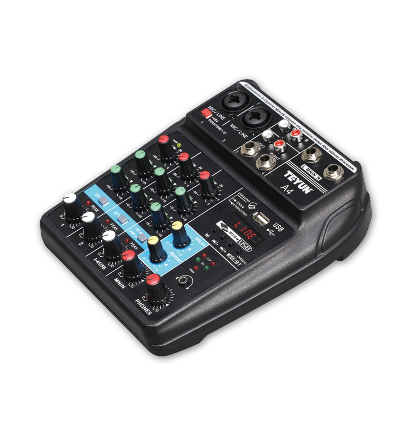 A4 Mixing Console 4 Channel Bluetooth USB Record Computer Playback 48V Phantom Power Delay Repaeat Effect