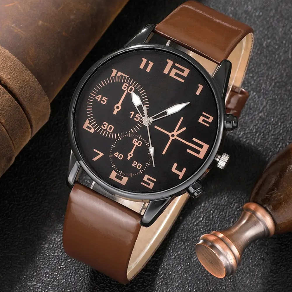 5PCS Set Mens Sports Bracelet Watches For Men Retro Big Dial Quartz Wrist Watch Classic Male Casual Brown Leather Watch