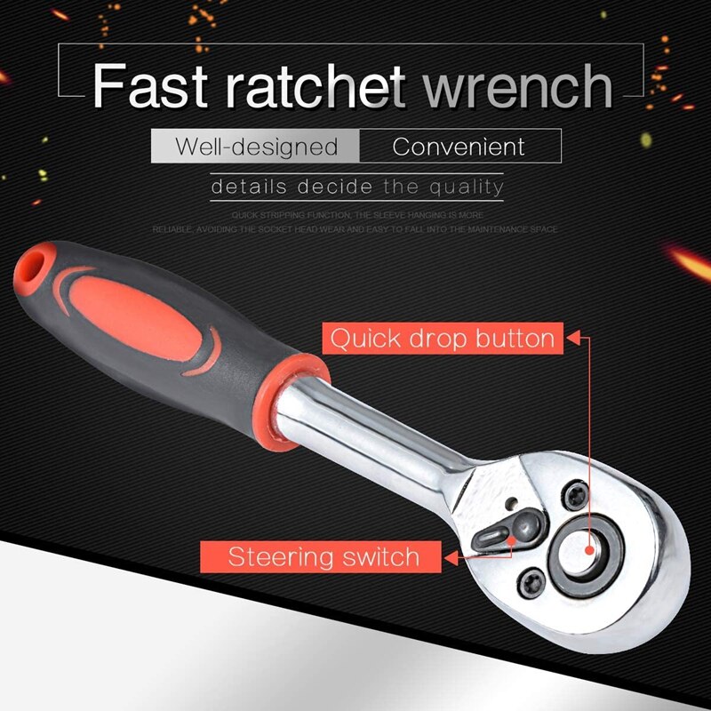 Ratchet Wrench for Socket 24 Teeth Chrome Quick Released Ratchet Handle and Extension Bar (1/4 Inch Wrench 155mm Length)