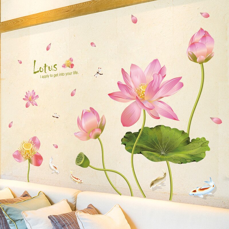 Modern Pink Lotus Flower Wall Stickers Green Leaves for Living Room Waterproof TV Background Art Decals Bedroom Large Size PVC