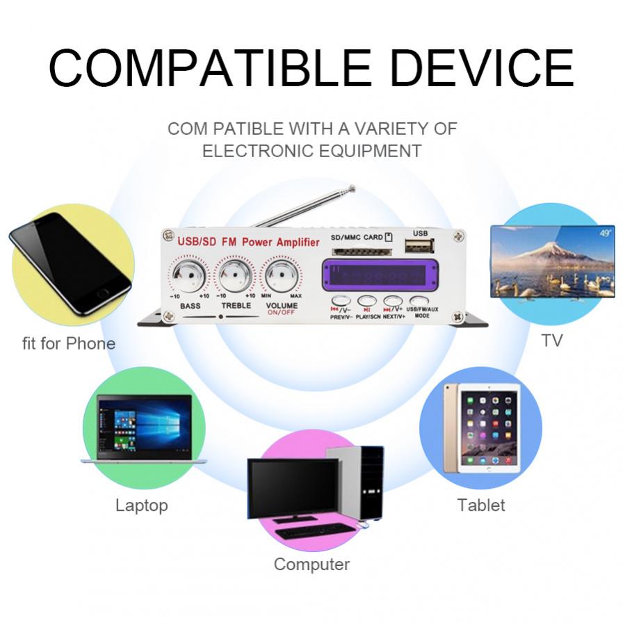 370BT HIFI Car Audio Amplifier Bluetooth Remote Control 2 Channel Sound High Power Amplifier SD USB MP3 FM Radio Digital Player