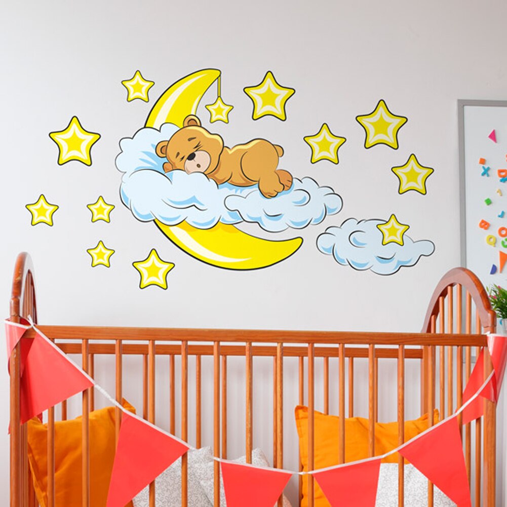 Sød månestjerne bjørn wallsticker børnehave børn baby værelse vinyl mærkat aftagelig sovende bjørn måne stjerner plads vægmaleri børnehave indretning