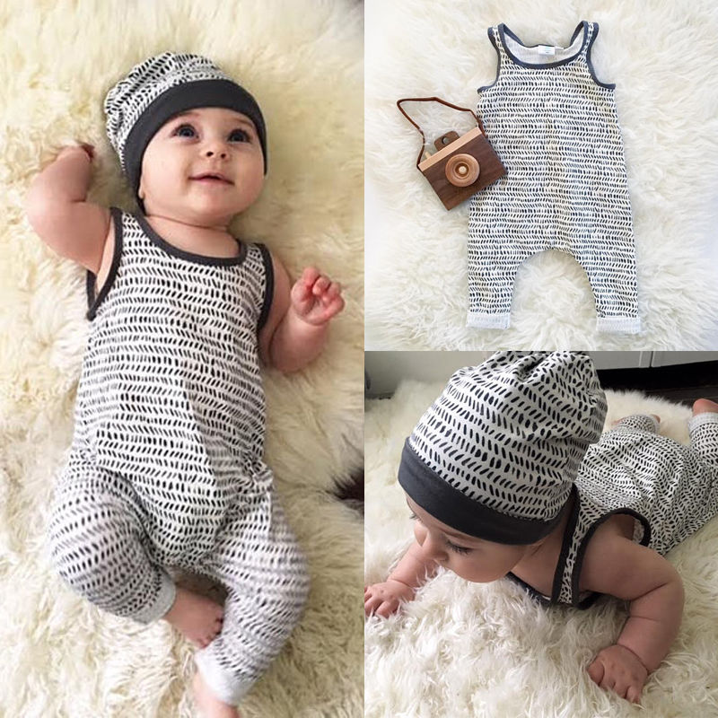 0-24M Zomer 2 Stuks Pasgeboren Baby Jongen Meisje Romper Mouwloos Katoenen Jumpsuit + Hoed Outfits Sunsuit Casual kinderen Kleding