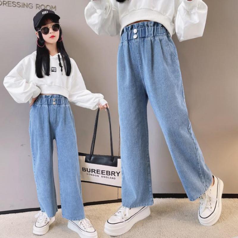 Toddler Kids Girls Jeans 2022 Spring Loose Straight Wide-Leg Denim Pants Children Ruffle Waist Trousers Teenag Girl Leggings 13Y