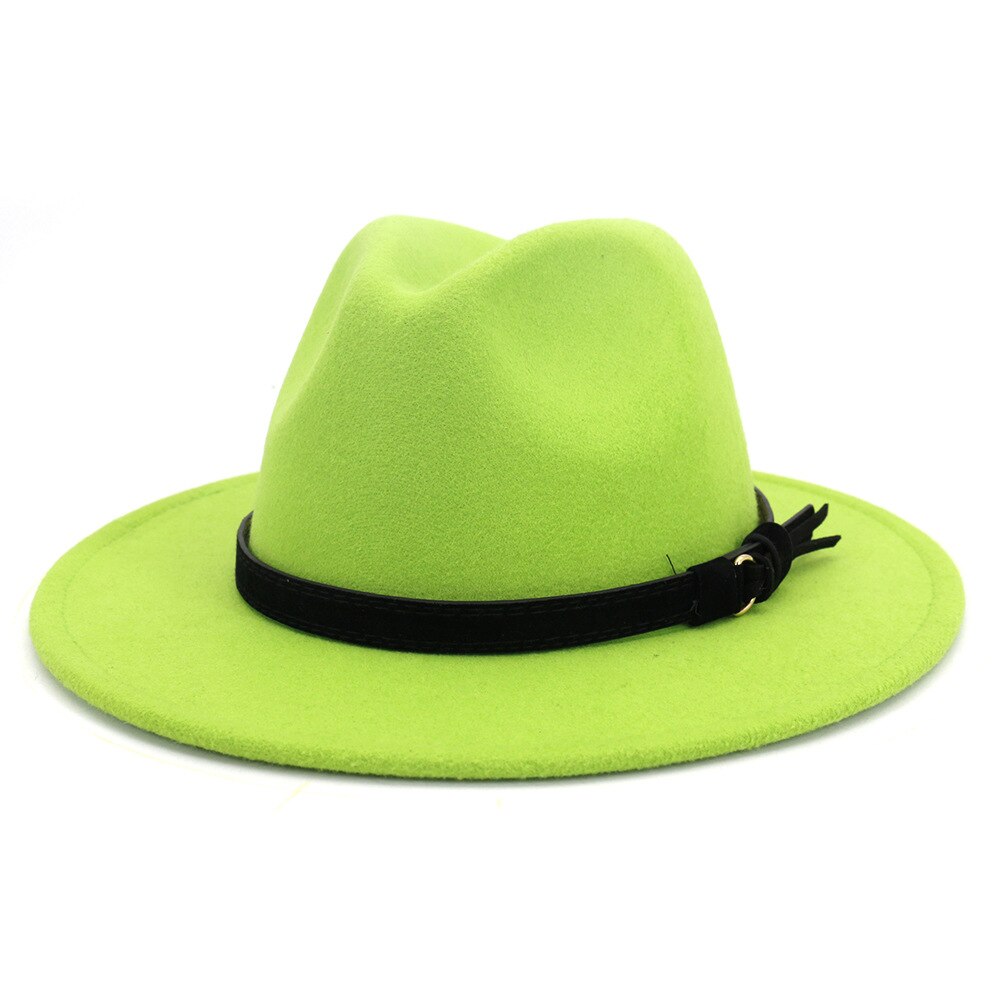 Vintage sommar bred brätte fedorahatt kvinnor lädersnöre imitation ylle jazzhatt keps chapeau för resor: 17