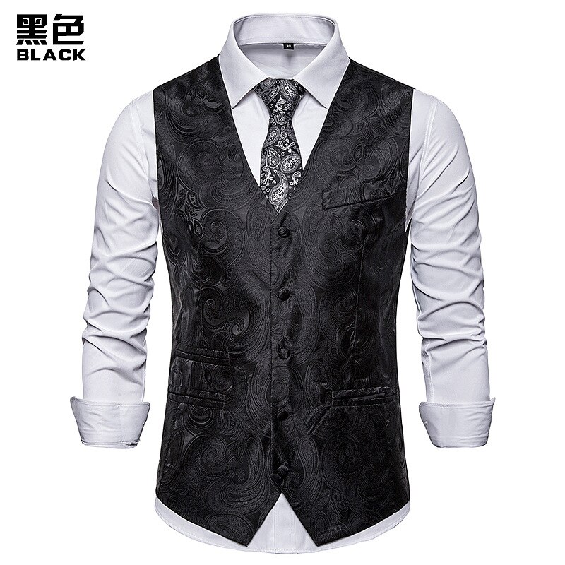 White Paisley Suit Vest Men Brand Slim Fit Single Breasted Vest Waistcoat Men Party Wedding Dress Vest Chaleco Hombre: black / M