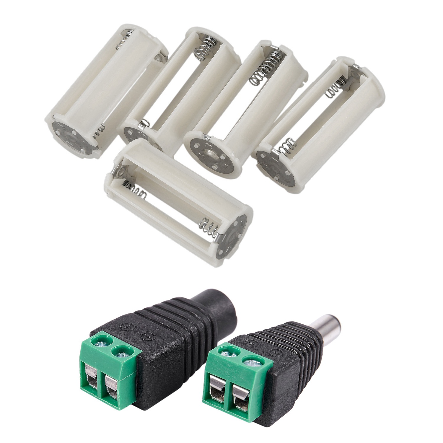 -5X Serial Connection 3X 1.5V AA Battery Plastic Holder &amp; 6 Pcs 5.5X2.1Mm Female + Male CCTV DC Power Connector Adapter