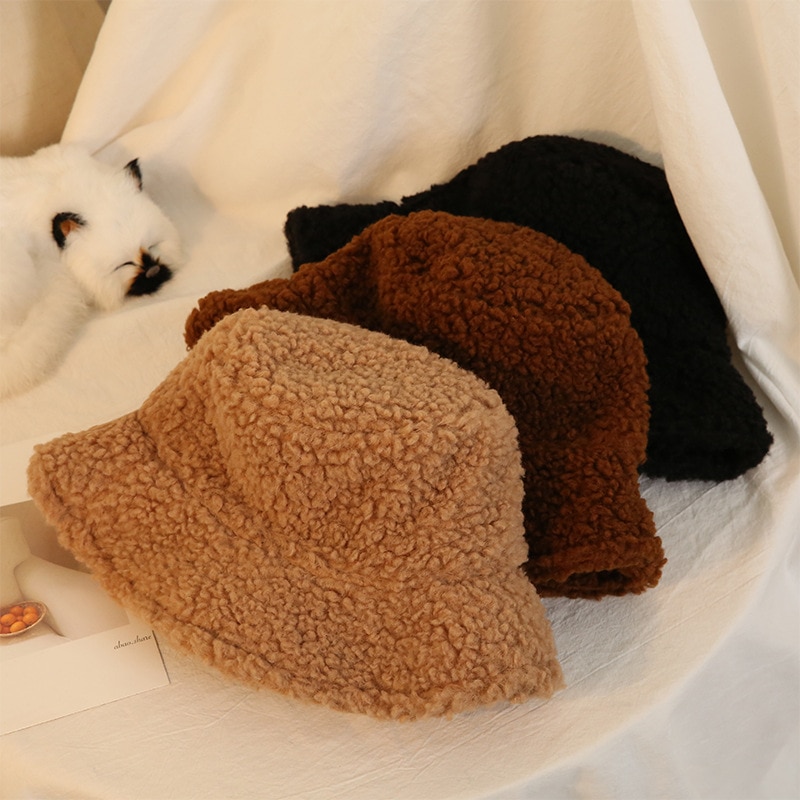 Pure Color Japanese Style Hat For Men Women Unisex Bucket Hats Keep Warm Autumn Winter Fisherman Hat Artificial Fur Caps