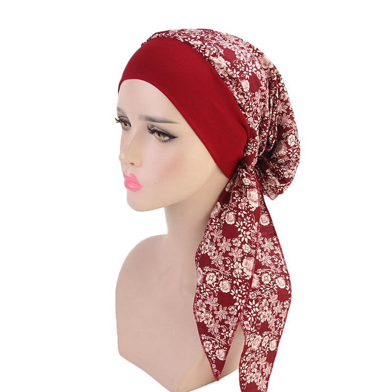 Muslimske kvinder hårtab kræft kemo kasket turban hue islamisk hovedindpakning lang hale flæser præ-bundet bandana tichel hovedbeklædning: 329 a 05 vinrøde