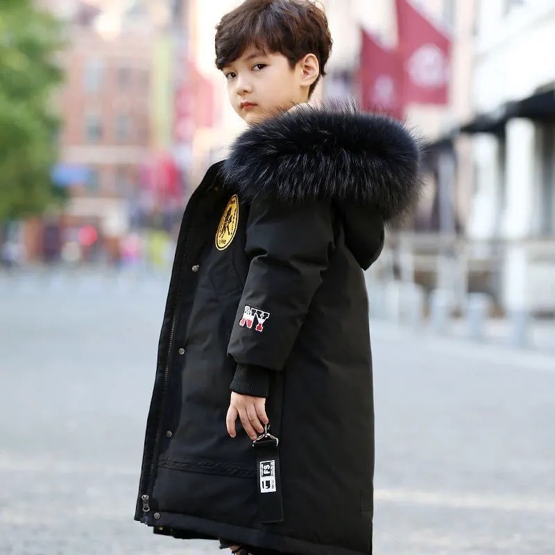 Chłopięcy zimowy płaszcz bawełniany Nowa jesienno-zimowa nastoletnia dziecięca gruba długa kurtka puchowa z kapturem i wełnianym kołnierzem: czarny / 6