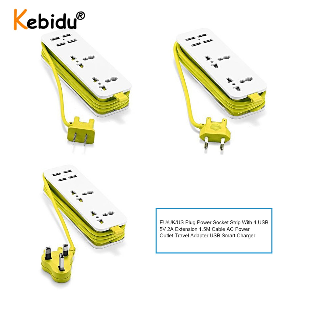 EU/US/UK Plug Home Travel Power Strip Extension Socket Outlets 4 USB with 1.5M Cord Extension Socket Wall Multiple Socket