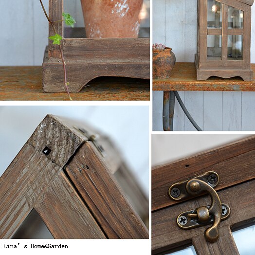 Mini serre vintage, artisanal avec cadre en bois brun antique, panneau en verre