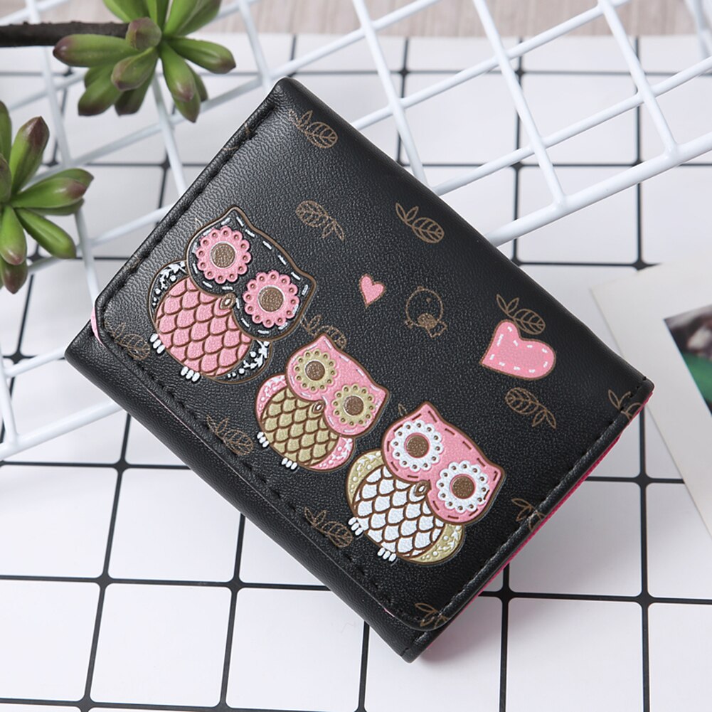 Porte-monnaie en Faux cuir pour femmes et filles, Mini portefeuille à trois volets, motif de hibou de dessin animé