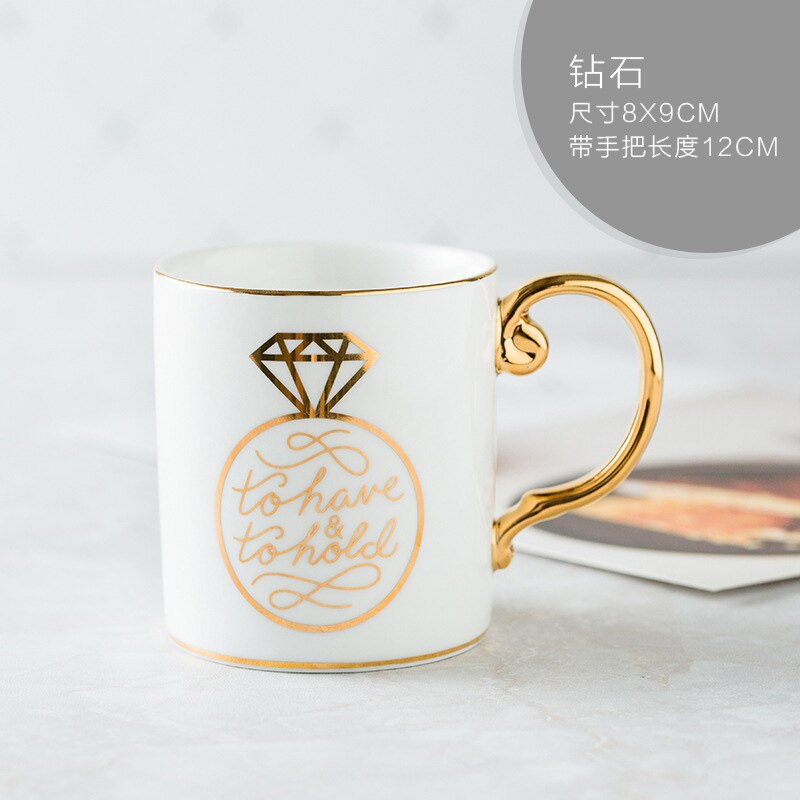 Tasse à café en porcelaine de 350ml, en céramique, couleurs grises, roses, Mr et Mrs, motif blanc, poignée dorée, tasses à thé et lait,: A Style