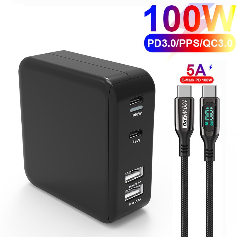 UTBVO 100W Fast Charger, 4-port USB C PD100W PPS 45W SCP Quick Charge for Laptop MacBook iPad Pro iPhone Samsung Huawei Xiaomi: Charger(B)-Cable / EU