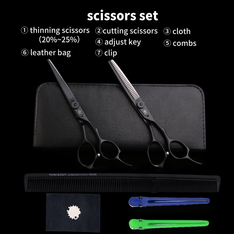 3 Kleuren Japan 440C 6 Inch Snijden Dunner Styling Tools Set Haar Schaar Professionele Kapper Schaar: BLACK SET BAG