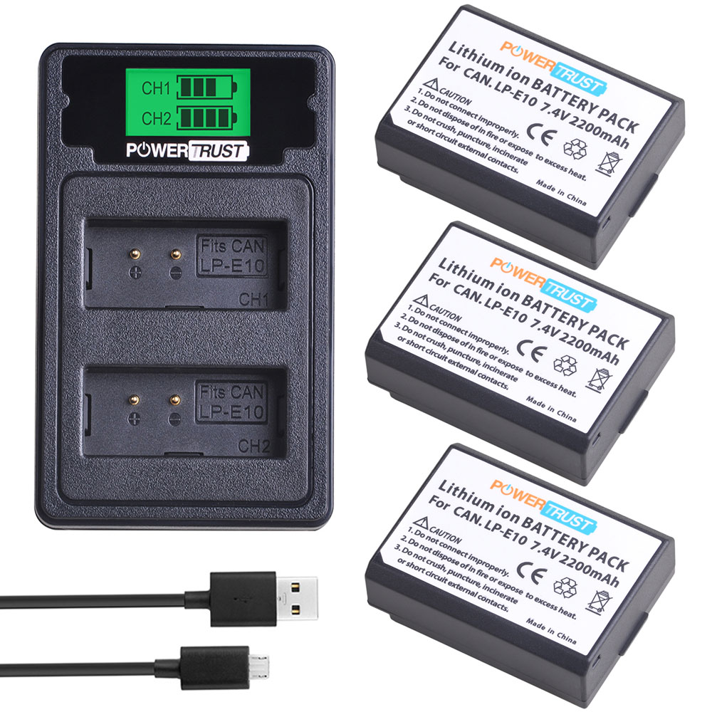 LP-E10 Battery and Dual Charger for Canon EOS Rebel T6, T7, T3, T5,Kiss X50, Kiss X70, EOS 1100D, EOS 1200D, EOS 1300D / 2000D: 3 pack kit