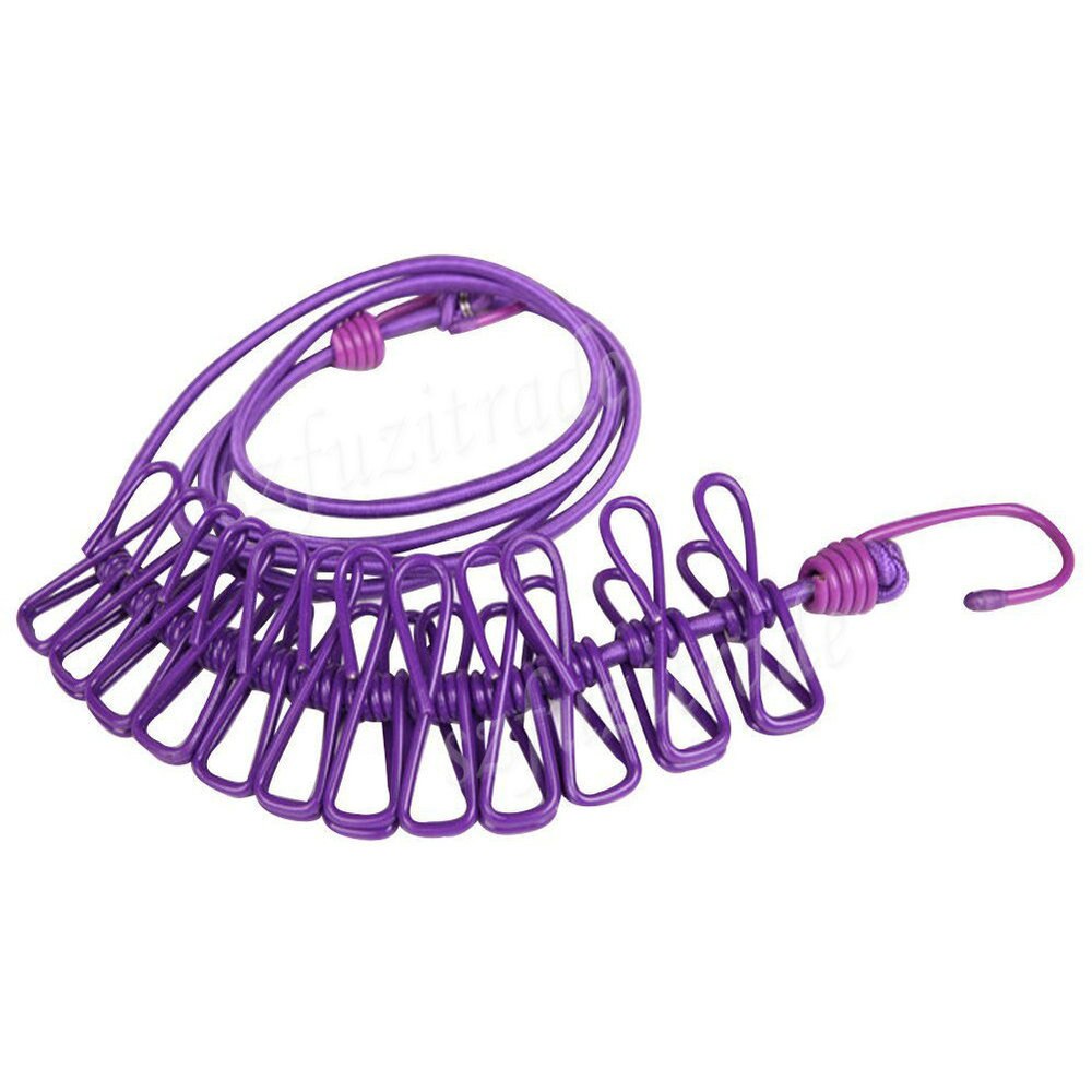 185cm Portable Multifunctional Drying Rack Clips Cloth Hangers Steel Clothes Line Pegs Travel Clothespins -TF: Purple
