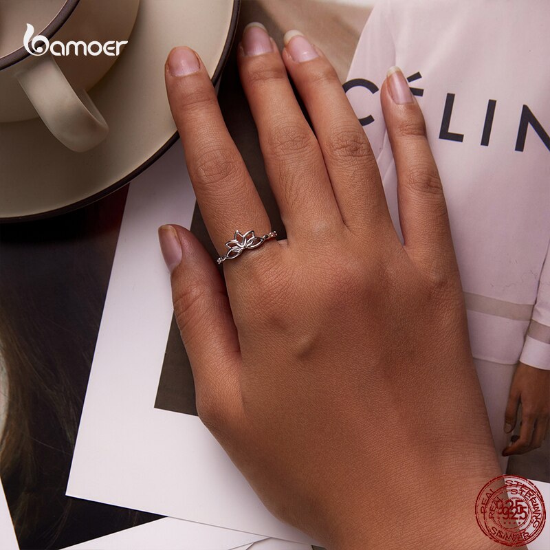Bamoer Zomer Verse Lotus 925 Zilveren Ring Voor Vrouwen 100% 925 Sterling Zilver Elegante Bloem Ring Trendy All-Match sieraden GAR018