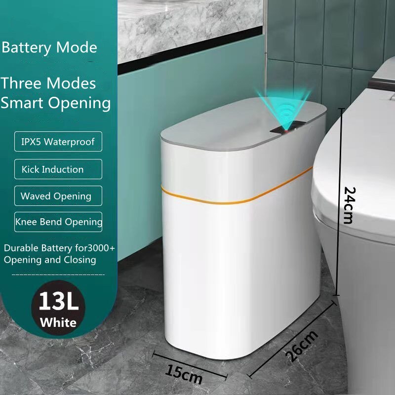 Smart Trash Can Intelligent Sensor Dustbin Electric Automatic Rubbish Can Waterproof Dustbin Household Kitchen Toilet Bin: 13L Battery White
