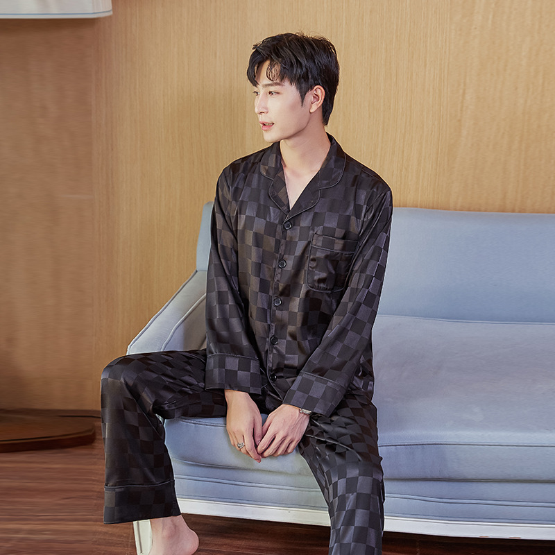 Noble-pijama de seda a cuadros para hombre, conjunto de ropa de dormir, traje de casa para pareja, color negro