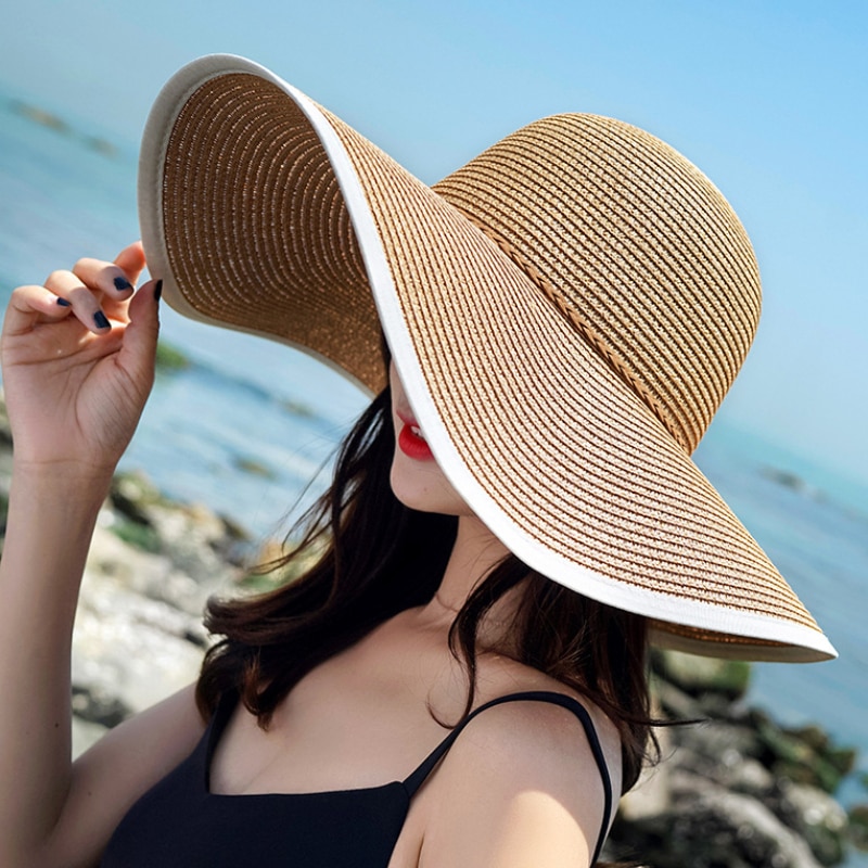 HT3074 Grote Grote Brede Rand Hoed Vrouwen Solid Zomer Zonnehoed Dames Packable Floppy Strooien Hoed Vrouwen Strand Cap Vrouwelijke koepel Strand Hoed