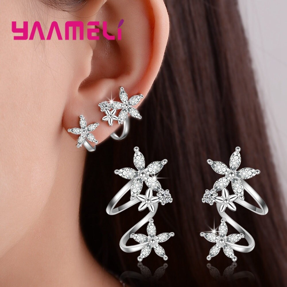 High Grade Cz Zircon Clip Earring Originele 925 Sterling Zilver Bloemen Stars Statement Sieraden Pendientes Voor Vrouwen Vrouwelijke: Silver