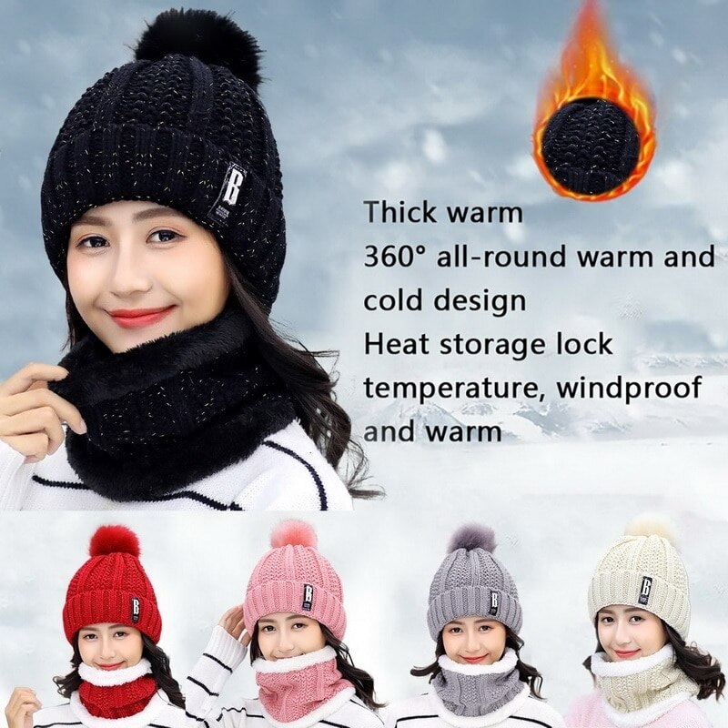 2 Stuks Set Vrouwen Gebreide Muts Sjaal Caps Halswarmer Winter Hoed Voor Dames Meisjes Skullies Mutsen warme Fleece Caps