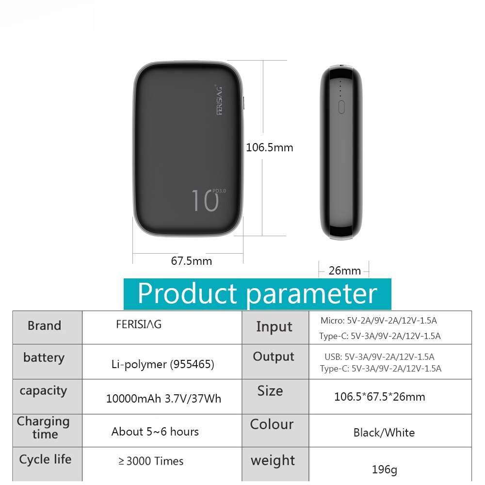 FERISING PD della Banca di Potere 10000 mAh Portatile Batteria Esterna del Caricatore del USB di Tipo C di CONTROLLO di qualità 4.0 3.0 10000 mah per Xiaomi mi Powerbank banche