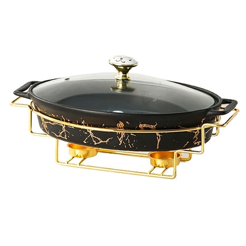 Oval Ceramic Plate Soup Pot Household Soup Pot Ceramic Pot Heating Multi-Purpose Ceramic Pot Buffet For Wedding Party: Black Gold