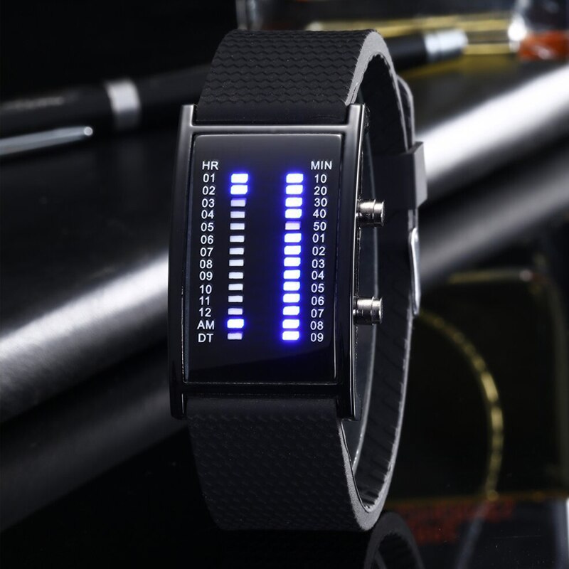 Luxe Lovers Horloge Waterdicht Mannen Vrouwen Rubber Strap Blue Binary Lichtgevende Led Elektronische Display Sport Horloges Mode