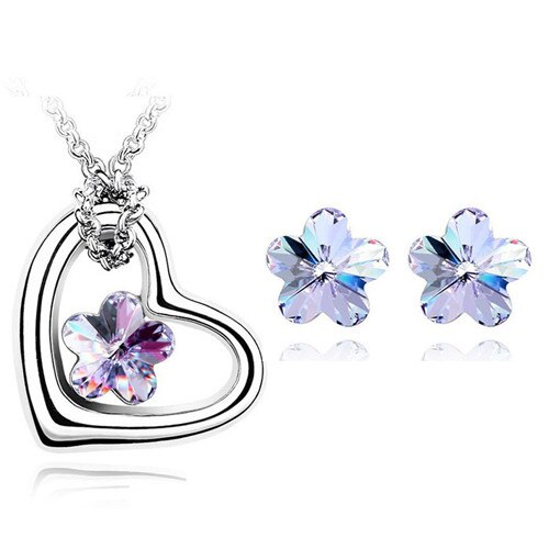 Kristal Bloem Hart Hanger Sieraden Set Leaf Ketting Oorbellen Party Minnaar: violet