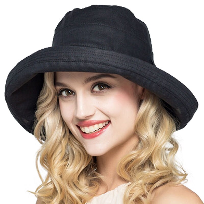 FS Summer Womens Cotton Wide Brim Sun Hats Foldable Casual Viseira Feminina Sun Visor Caps Bucket Hat Chapeu Feminino: Black