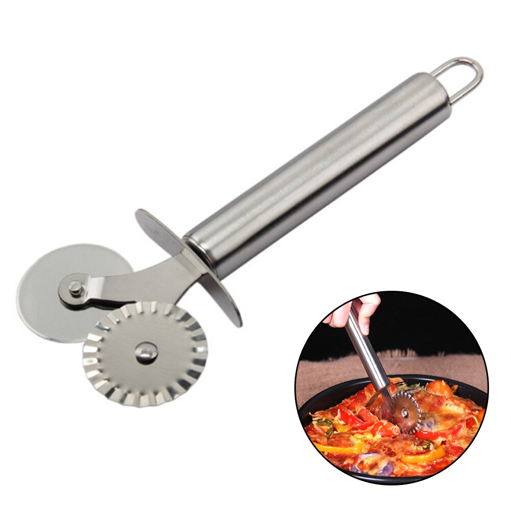 Dobbeltrullehjul rustfrit stål pasta pizza cutter rund tip køkkenredskaber pizza cutter skære bagning køkken gadget