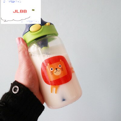 Bouteille d'eau en verre avec animaux pour enfants, avec sangle de sac en paille, couvercle supérieur verrouillable, anti-fuite, sans BPA, pour garçons, voyage randonnée, 500ml