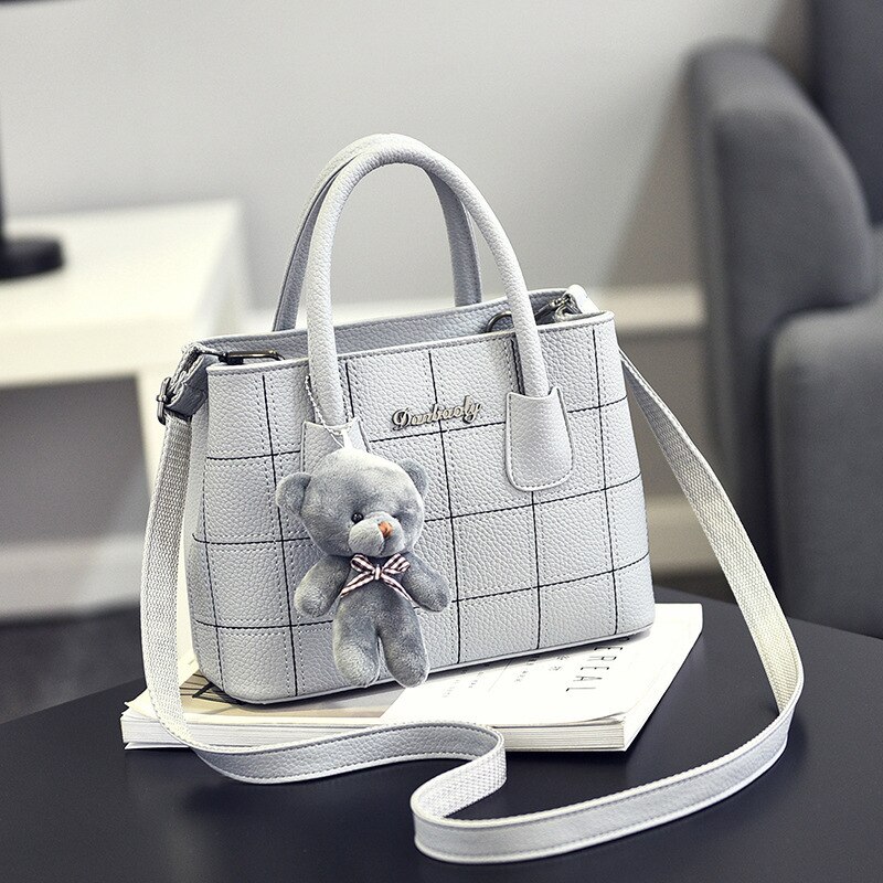 Sac à main en cuir Pu pour femmes, fourre-tout à motif à carreaux, petit sac à bandoulière, fourre-tout de dessin animé ours,: Gris