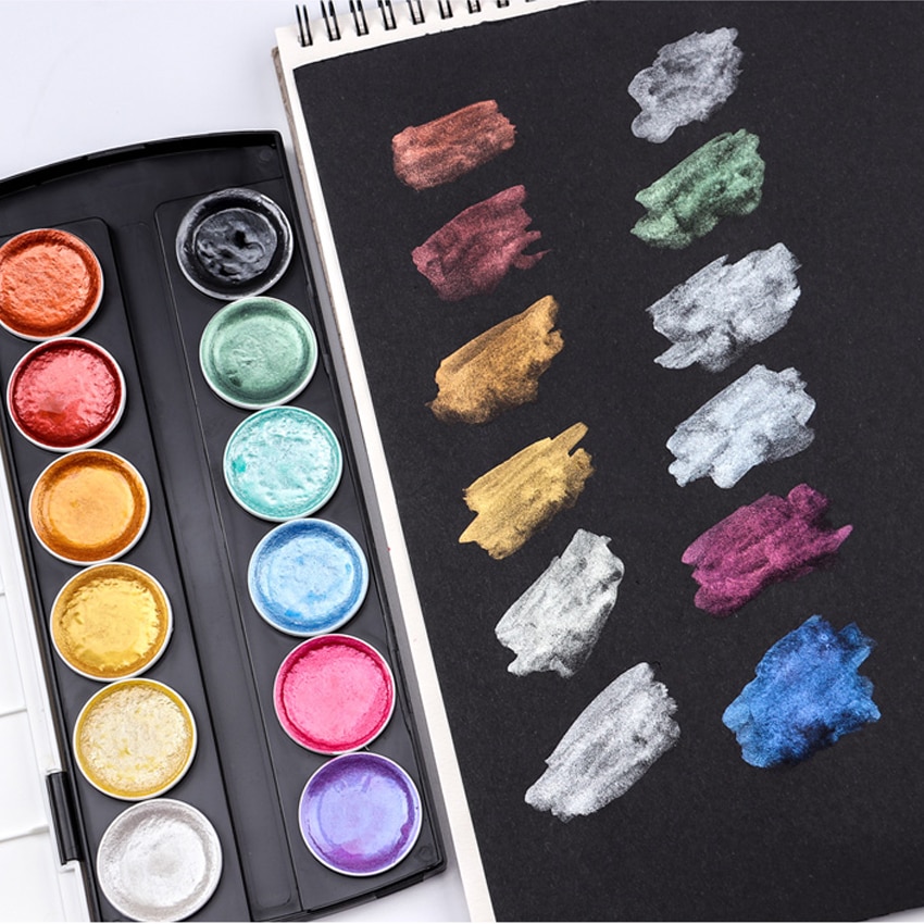 12 färg metallic akvarell set guld pigment färg med vattenpensel för konstnär målning glitter vatten färg konst tillbehör