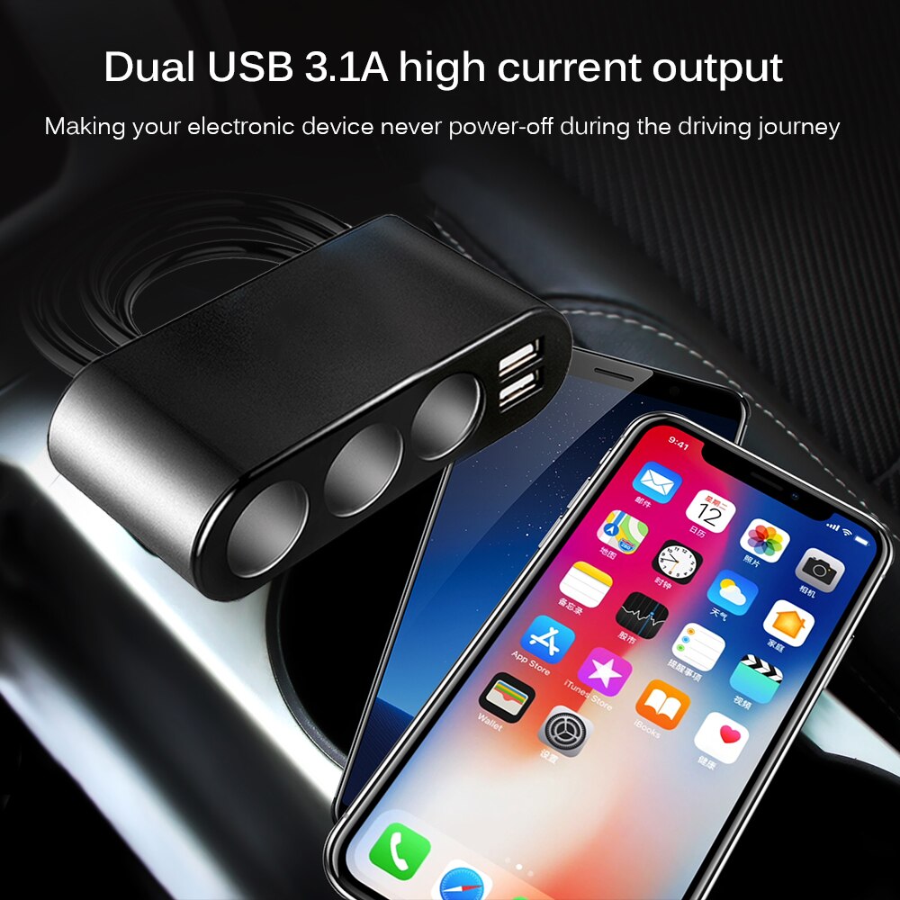 3 -weg auto sigarettenaansteker splitter lader 3.1a dubbele usb autolader stroomadapter voor iphone samsung gps