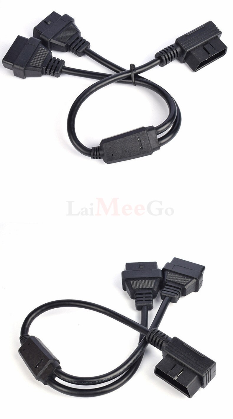 Portable 16-pin Cable For OBD Interface Car Models L Shape OBD2 Extension Cord One-divided-Two Connection Adapter