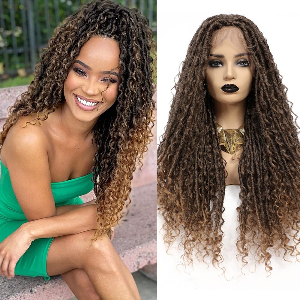 X-TRESS Faux Locs Braided Wigs Synthetic Lace Front Wig for Women Straight Dreadlock Mixed Curly Hair Middle Part Crochet Braids: MT4-27