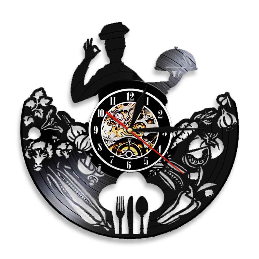 Kitchen Chef Wall Clock Cooking Vinyl Record Wall Clock Modern Baking Shop Decor Housewarming LED Wall Light reloj