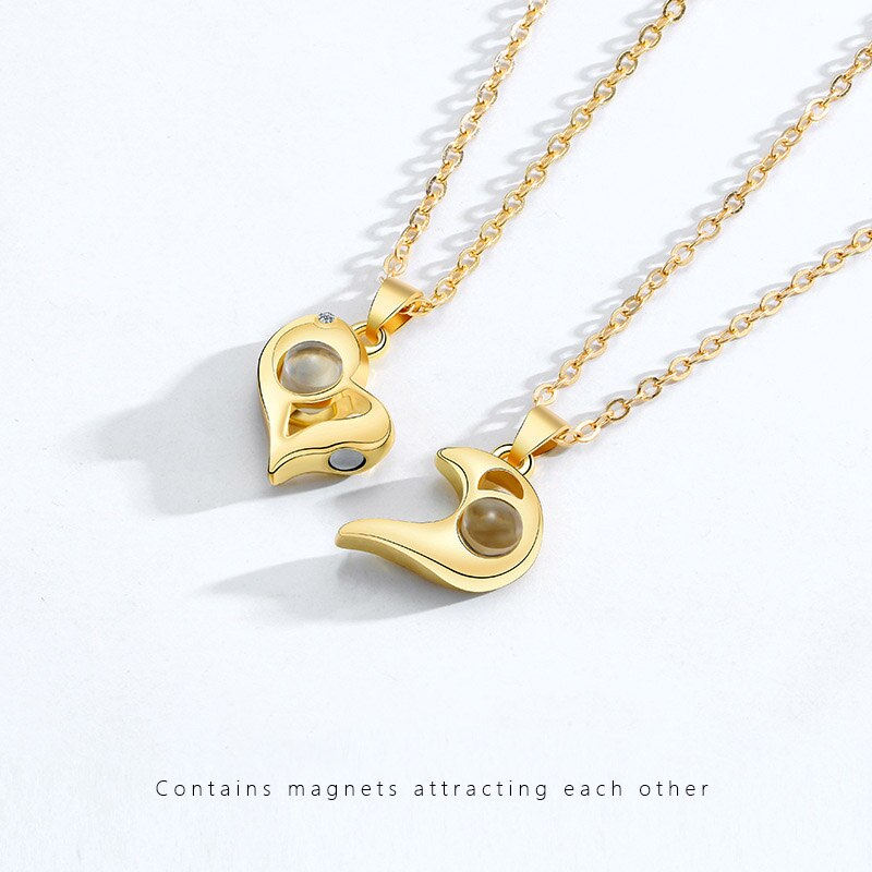 Trendy 2 Pcs/Set I Love You Projection Magnet Couple Pendants Necklace Choker Sun Moon Hearts Chain Lover Women Jewelry Collar
