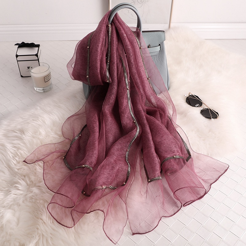 Heltäckande pärlor kvinnor siden halsdukar broderi mjuk ull halsduk lady pashmina sjal bandana foulard