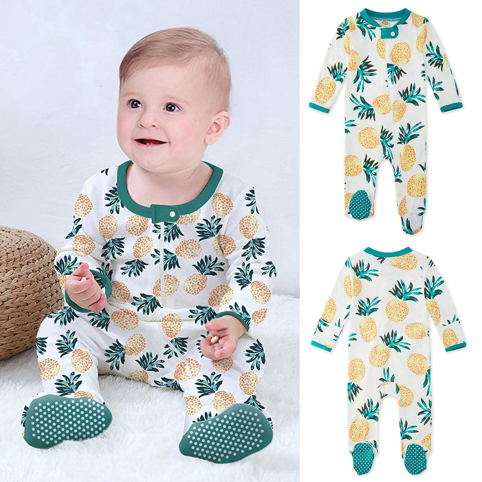 -né vêtements enfants vêtements de nuit combinaison barboteuse infantile bébé garçons filles ananas imprimer pyjama dormeur pieds fermeture éclair barboteuse combinaison