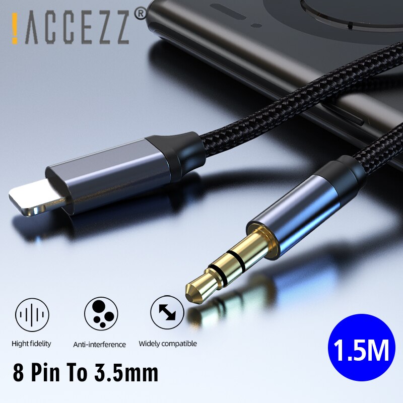 !accezz 3.5mm jack bil aux kabel 3.5 mm hane  to 8 stift för iphone 12 11 pro xs max xr teleskopfjäder ljudkabel hörlurssladd: 1.5m svartgrå