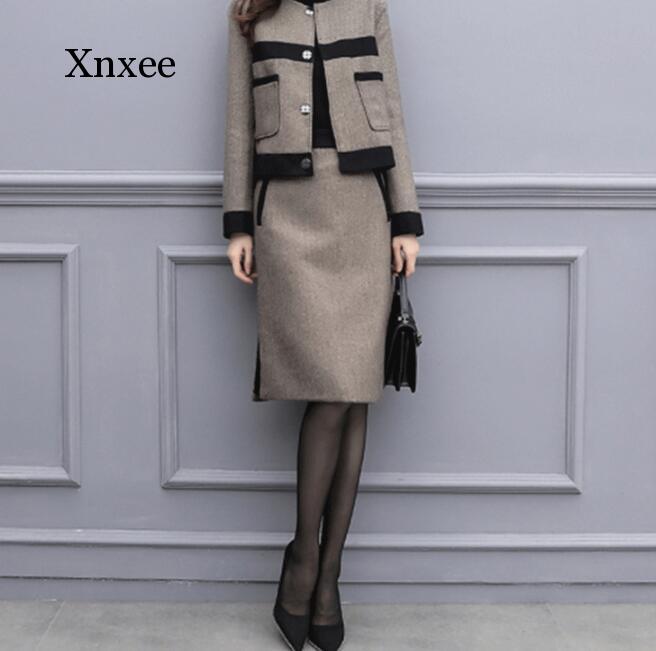 Trajes de lana Vintage para mujer, chándales elegantes de Corea de color marrón, chaqueta, abrigo, falda, conjunto de dos piezas para mujer