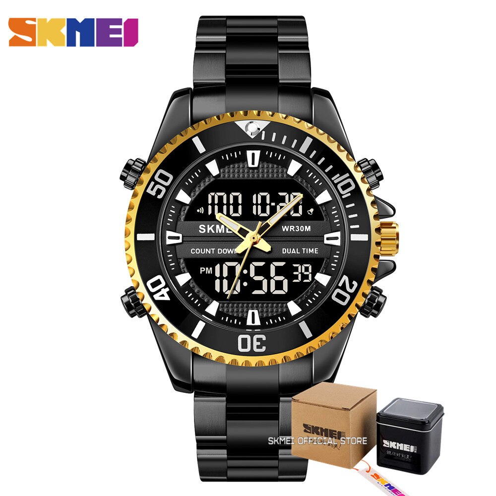 Skmei Dual Display Horloges Heren Mode Digitale Horloges Chrono Alarm Mannen Klok Waterdichte Rvs Relogio Masculino: Black GD with box