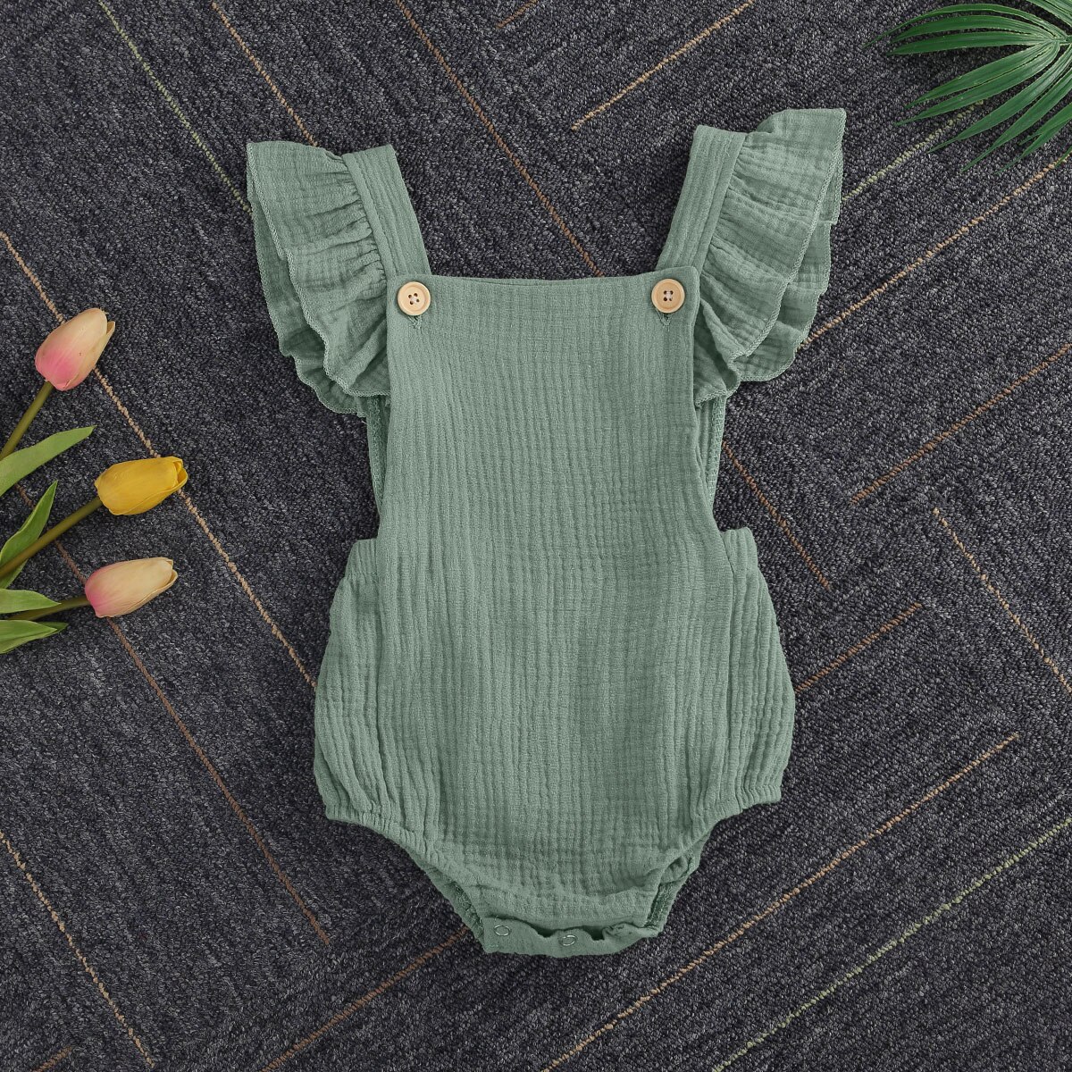 Baby meisjes romper van katoen linnen effen ruches mouw rechthoekige hals zijkant grote zakken outfit geplooide knoopsluiting jumpsuit