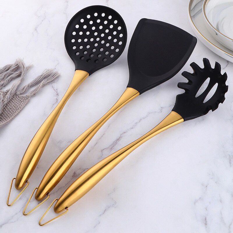 7pcs/set Solid Color Silicone Kitchenware Household Kitchen Stainless Steel Handle Kitchenware Cooking Kitchenware Kithchenware
