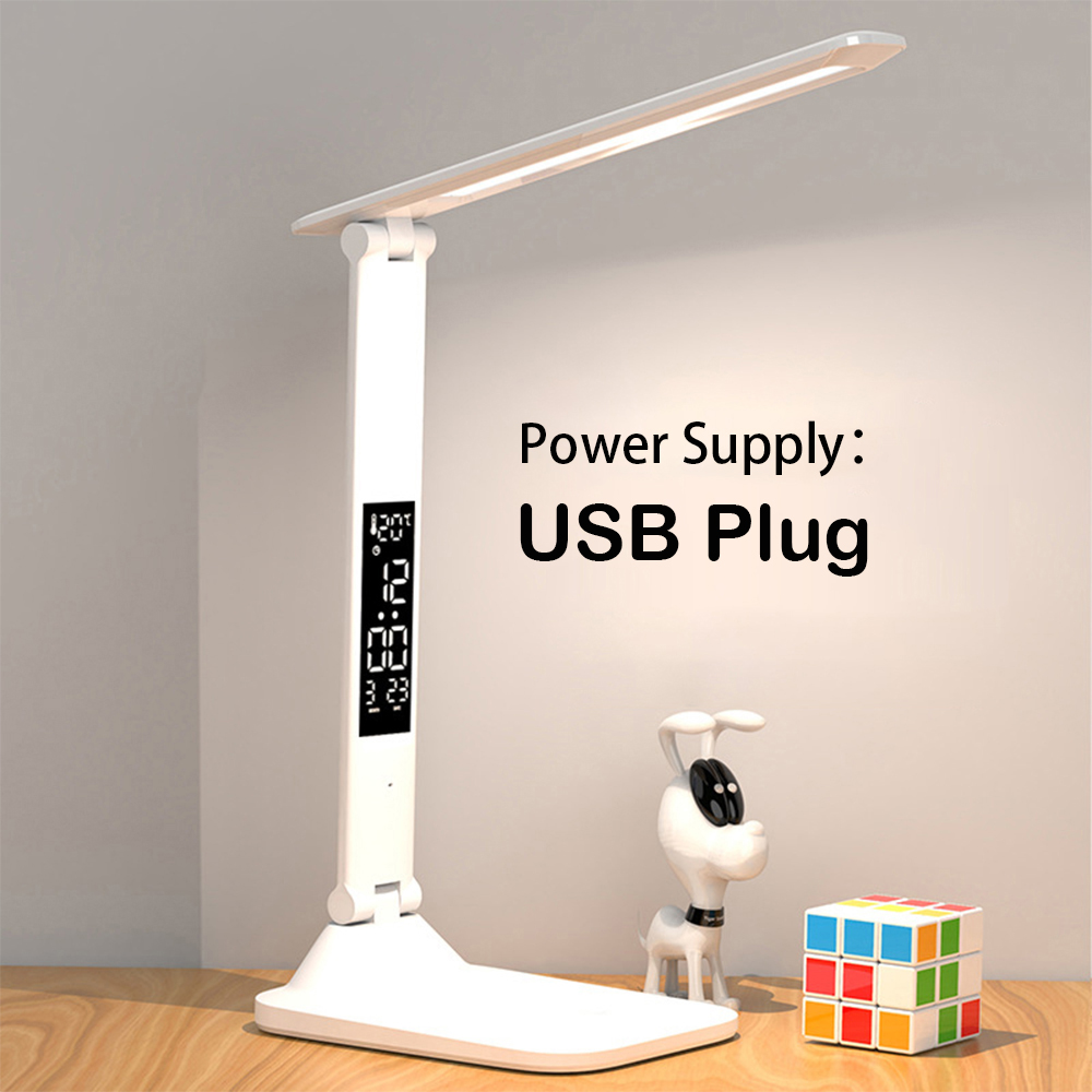 Lampada da tavolo pieghevole Lettura USB Touch Dimmerabile Protezione per gli occhi con sveglia Termometro Lampada da scrivania a LED Carica USB Luce notturna: Default Title